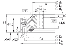 交叉滾子軸承 XSU140414, 標(biāo)準(zhǔn)系列 14， 無齒輪齒，兩側(cè)唇密封